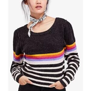 Free People Complete Me Striped Sweater Black Rainbow Stripes Size M